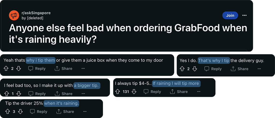 Reddit discussion about tipping drivers during rain