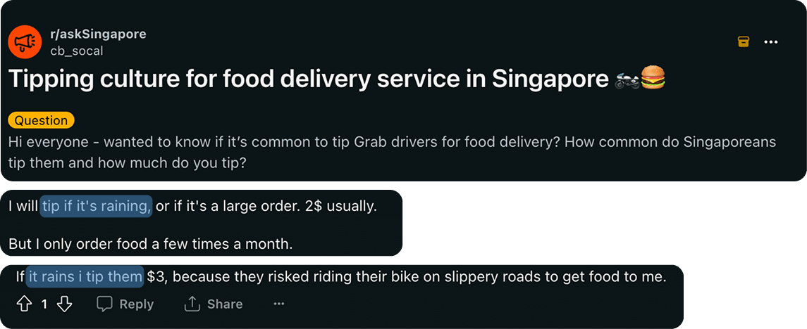 Reddit thread on tipping culture for food delivery in Singapore