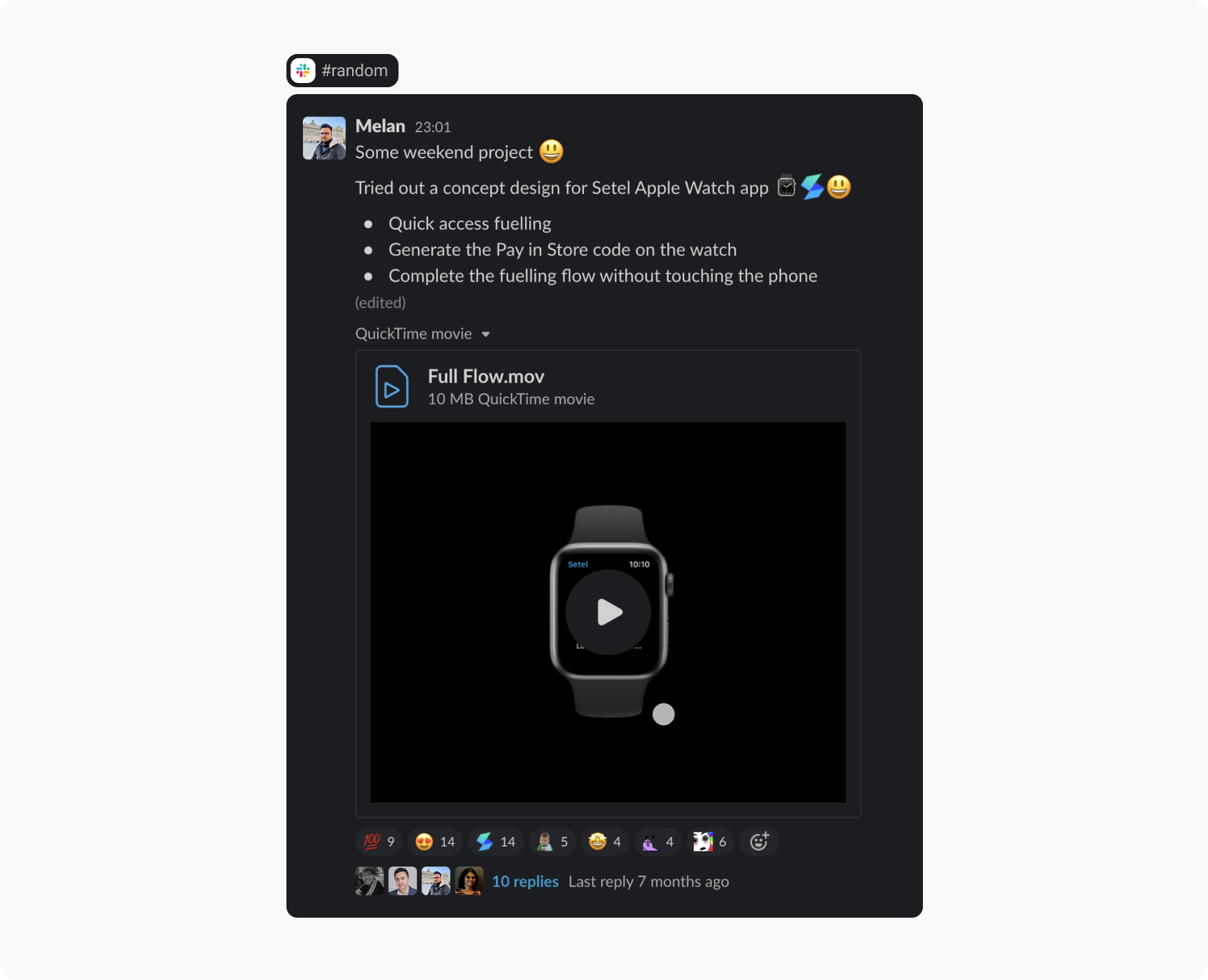 Screenshot of the slack message where i shared the demo design